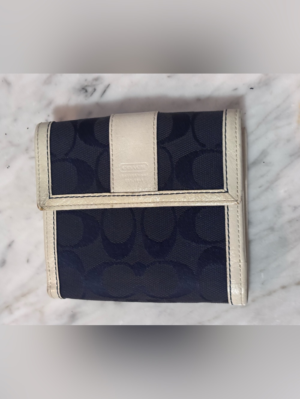 Coach Navy Signature Compact Wallet with Cream Trim and Logo Tab